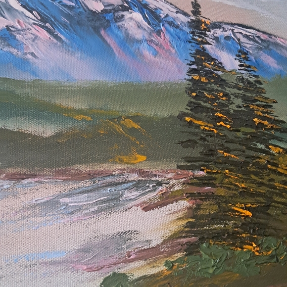 Bob Ross Inspired Oil Paint Hand Painted Canvas Palette Knife Painting Mountains - Picture 4 of 5